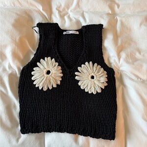 Zara Black Knit Tank with Cream Daisy Appliqués